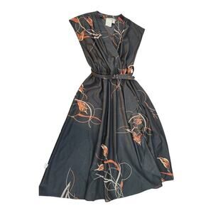 Melissa Lane Vtg dress belt sz 6 sheer floral print black orange faux wrap